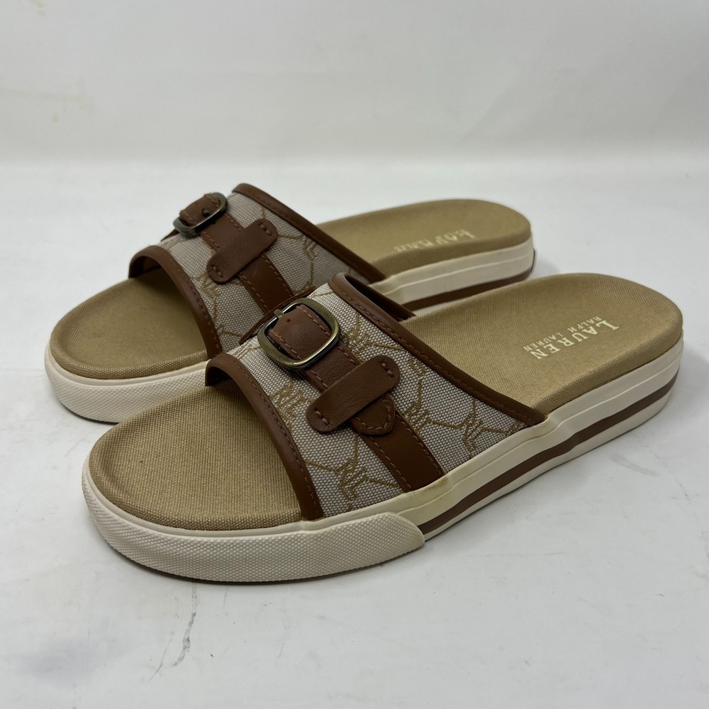 Ralph Lauren Matty Sandals Camel Signature Fabric Beige Womens Size 8.5B VTG NEW